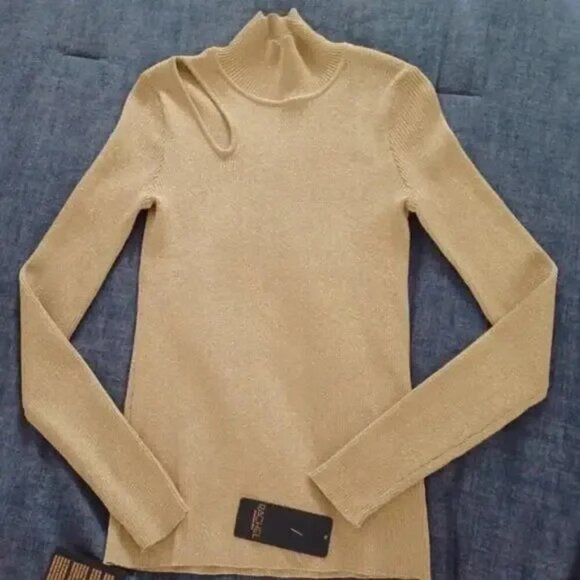 Rachel Roy Cut Out Sweater Fitted Ribbed Gold Metallic S NWT - Picture 1 of 9